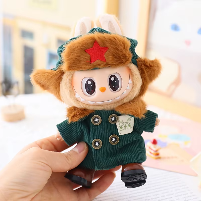 Sitting Party Plus 17cm Labubu I II Doll Clothes Doll Clothing Couple Clothes Pink Rabbit Ear Skirt Shoe Hat Set Military Coat