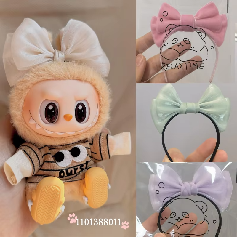 17cm Labubu Cartoon Adorable Bow Headband Macaron Color Accessories Doll Diy Decorative Gift