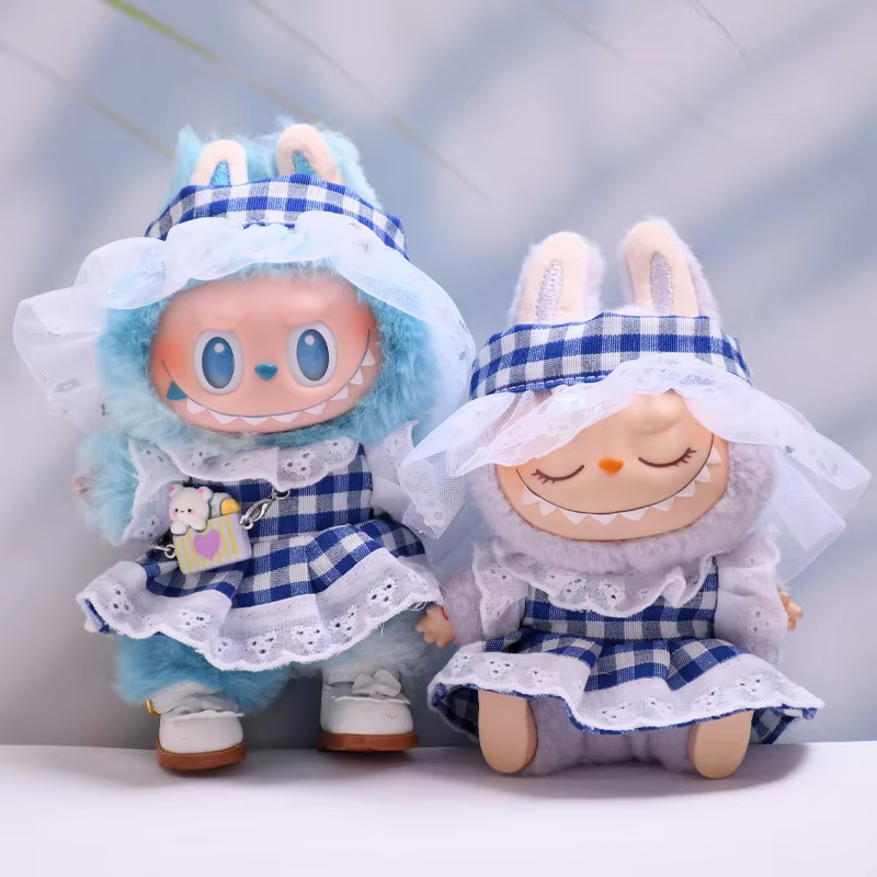 The Light Blue Gingham Dress-Up Set Crafted for Labubu Characters brings charm to your mini wonderland