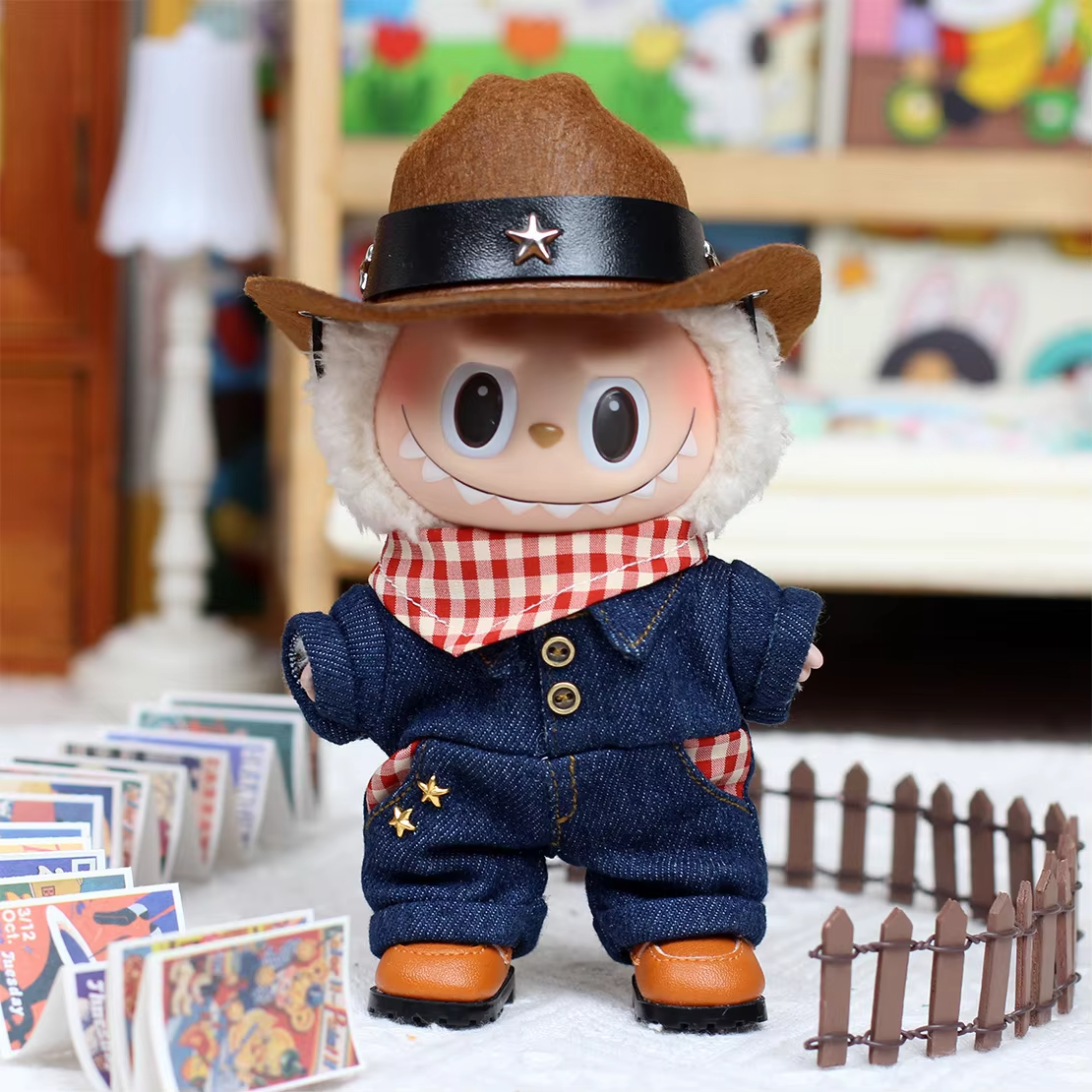 17cm doll clothes, labubu outfit, plush cowboy suit, jeans, western cowboy hat, and DIY accessories - Image 4