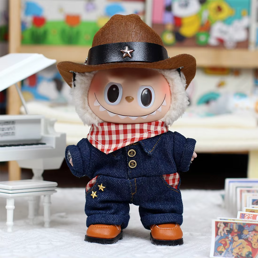 17cm doll clothes, labubu outfit, plush cowboy suit, jeans, western cowboy hat, and DIY accessories - Image 3