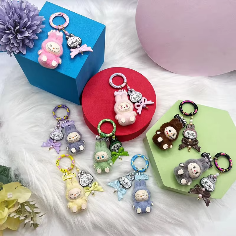Labubu Pendant Keychain Bag Pendant Kawaii Mobile Phone Chain Hanging Decorations Gifts: New Flocking Mini Vinyl Granules