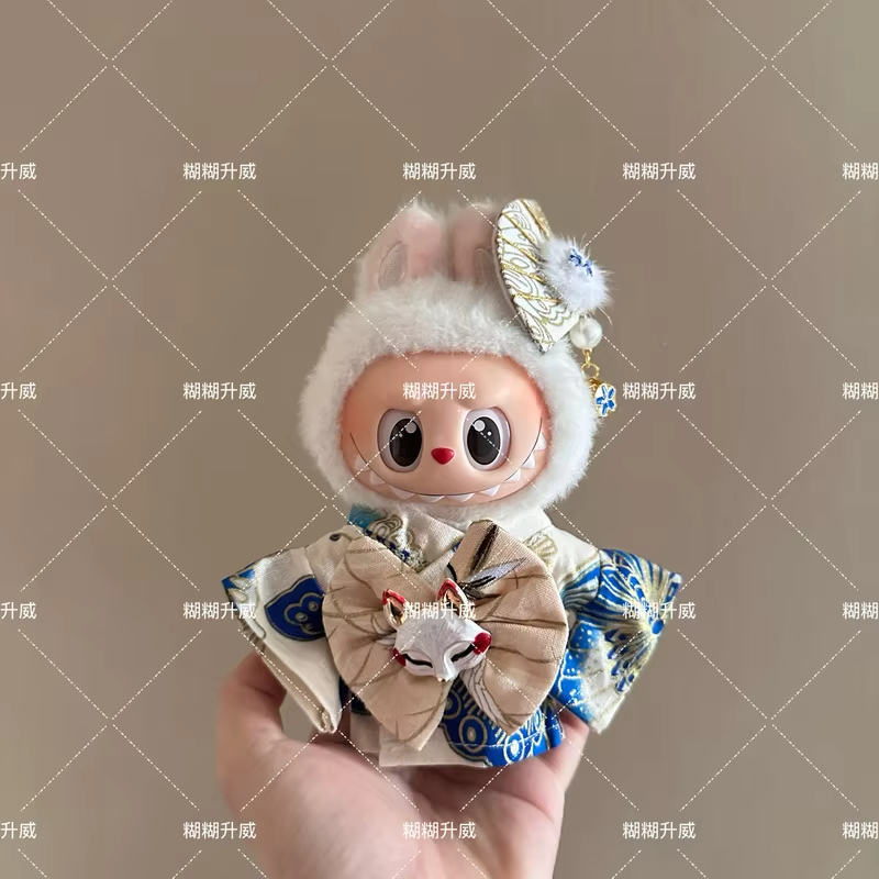 Japanese Kimono Fox 15–17cm Labubu Doll Outfit Set with DIY headwear for your macaron-themed celebrations. - Image 5