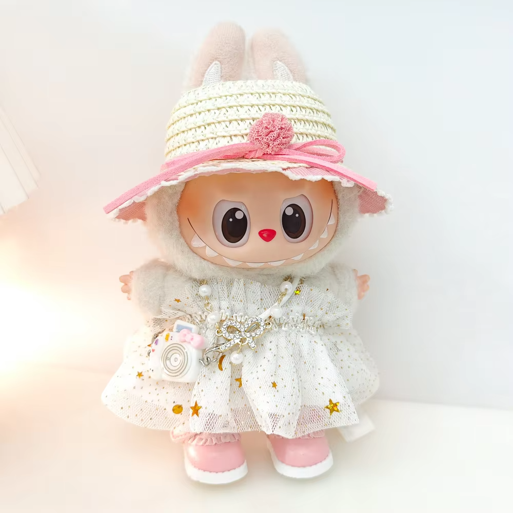 Mini Plush Doll Princess Gauze Dress with Sparkling Star Skirt, Necklace, Straw Hat, and 3 Pieces per Pack for 15–17 cm