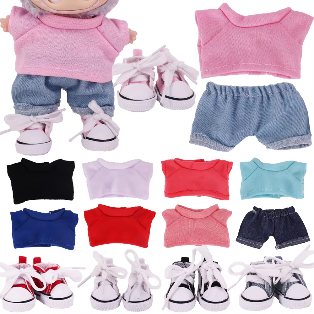 Three-Piece Set: 17cm Labubu Tee, Jeans, Canvas Shoes, Dollwear, Extras, and Fun Girls' Gear