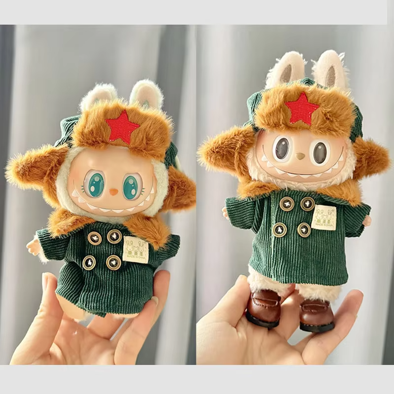 Militaried monster outfit for Labubu  kohunni coats and caps for your tiny rainbow rebel.  Army green labubu jacket and red star beanie channel retro charm with a twist. - Image 4