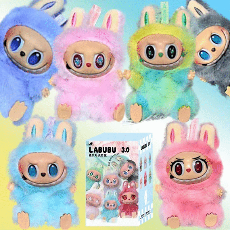 Labubu the Monsters v3 Sitting Series Blind Plush Box, Animated characters, Keychain, and a vinyl base figure