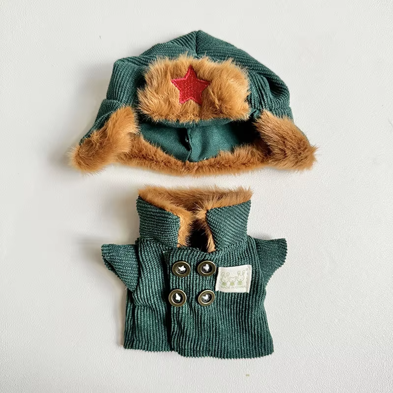 Militaried monster outfit for Labubu  kohunni coats and caps for your tiny rainbow rebel.  Army green labubu jacket and red star beanie channel retro charm with a twist. - Image 5