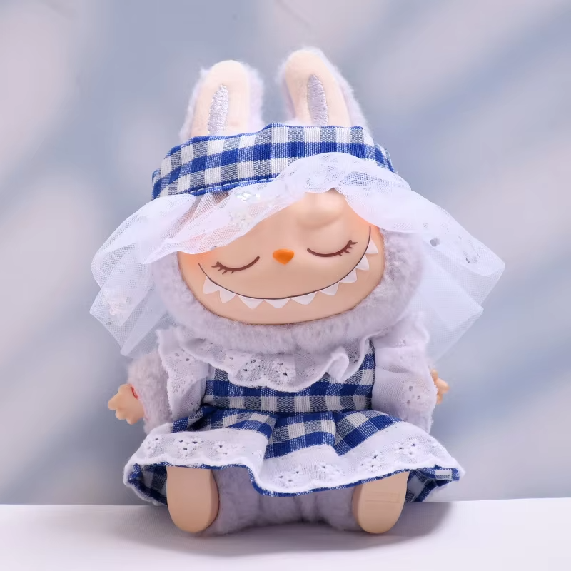 The Light Blue Gingham Dress-Up Set Crafted for Labubu Characters brings charm to your mini wonderland - Image 4