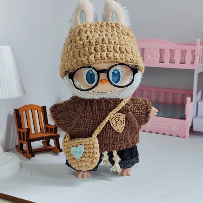 Set of a knitted sweater, shoulder bag and hat to Labubu vinyl dolls, a fashionable outfit