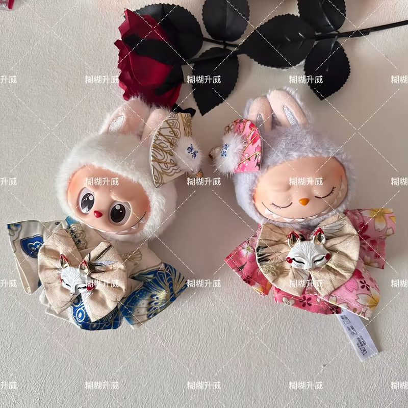 Japanese Kimono Fox 15–17cm Labubu Doll Outfit Set with DIY headwear for your macaron-themed celebrations.