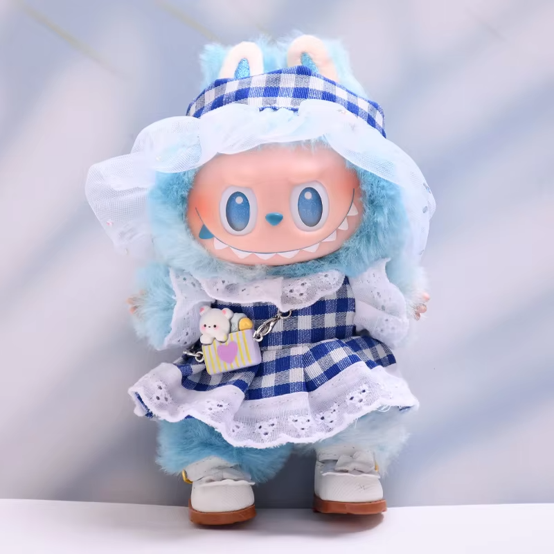 The Light Blue Gingham Dress-Up Set Crafted for Labubu Characters brings charm to your mini wonderland - Image 3