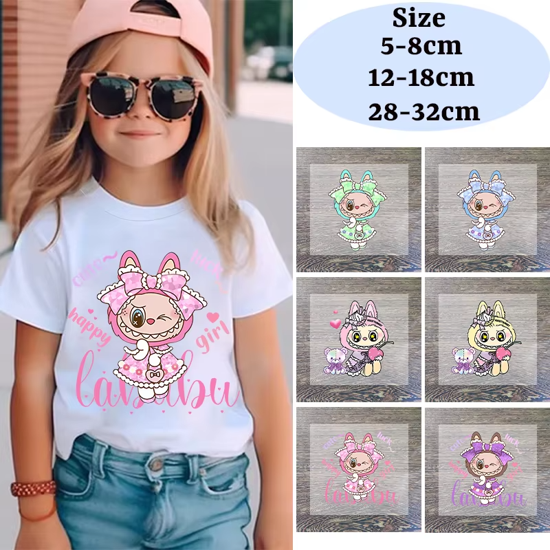 DIY Hoodie T-shirt Heat Transfer Patches for Clothing Labubu Custom Vinyl Stickers Pop Mart Anime Cartoon