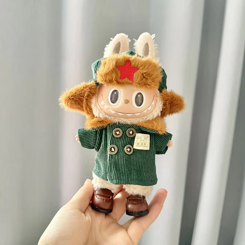 Militaried monster outfit for Labubu  kohunni coats and caps for your tiny rainbow rebel.  Army green labubu jacket and red star beanie channel retro charm with a twist. - Image 3