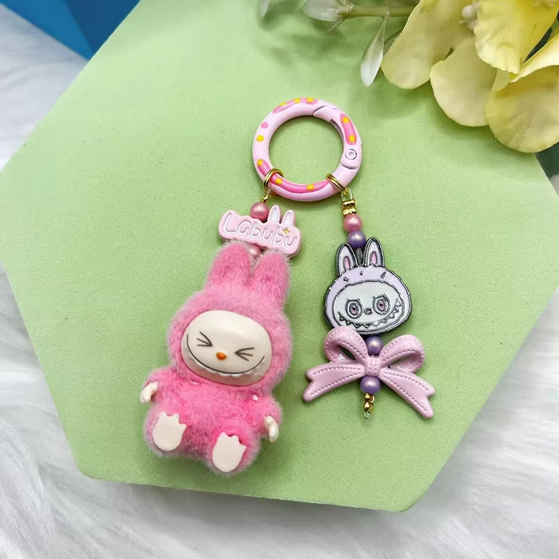 Labubu Pendant Keychain Bag Pendant Kawaii Mobile Phone Chain Hanging Decorations Gifts: New Flocking Mini Vinyl Granules - Image 3