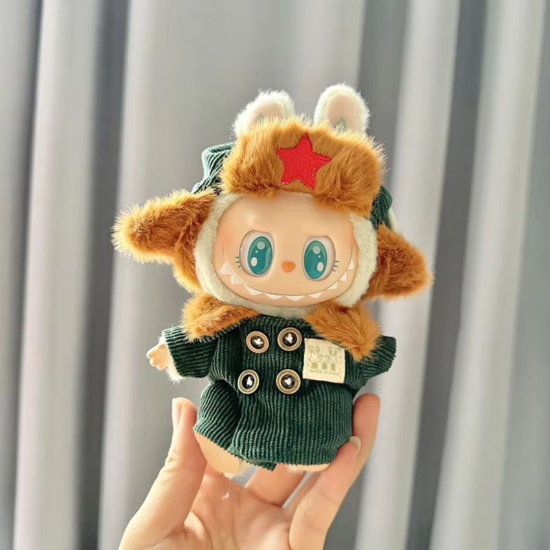 Militaried monster outfit for Labubu  kohunni coats and caps for your tiny rainbow rebel.  Army green labubu jacket and red star beanie channel retro charm with a twist. - Image 2