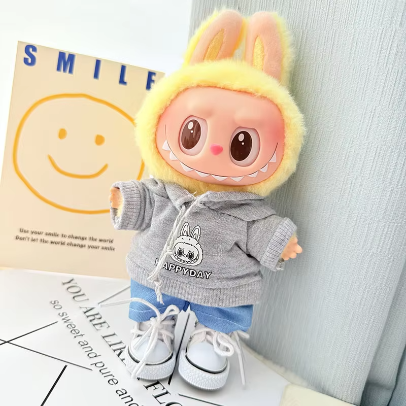 Accessories For Labubu, Clothing For Sitting Parties, 15-17 cm Clothingfor Plush Dolls: Gray Hoodie Outfit, Hat, Shoes, and Clothing Dolls of Labubu I II - Image 3