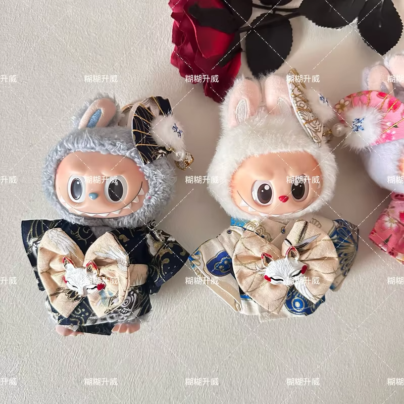 Japanese Kimono Fox 15–17cm Labubu Doll Outfit Set with DIY headwear for your macaron-themed celebrations. - Image 2
