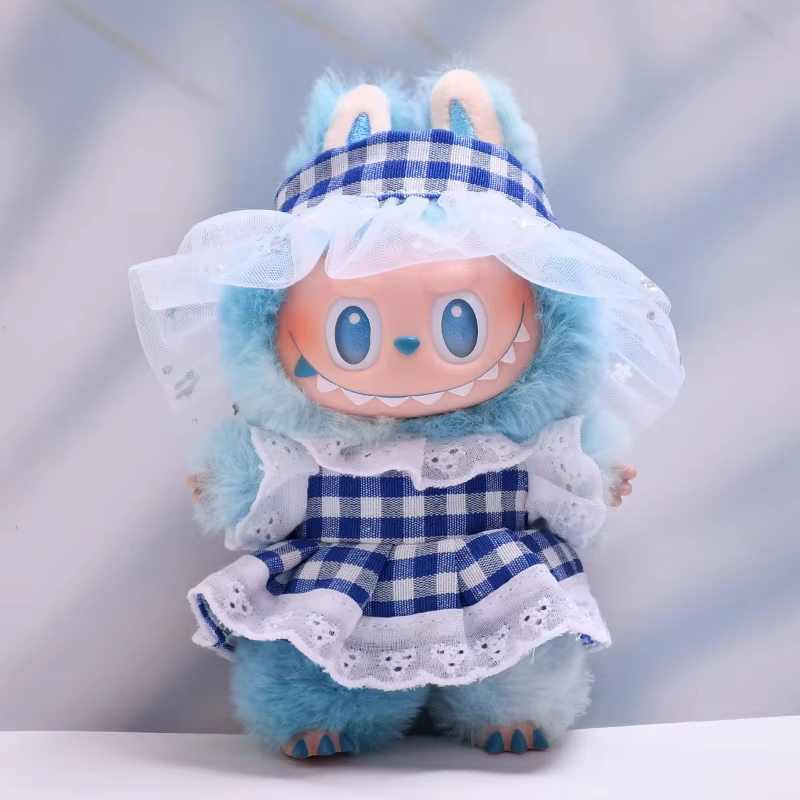The Light Blue Gingham Dress-Up Set Crafted for Labubu Characters brings charm to your mini wonderland - Image 2