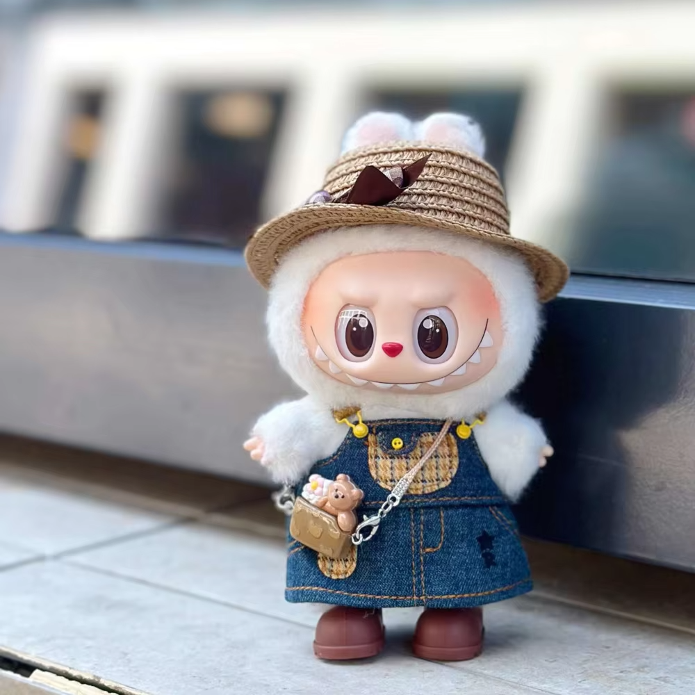 Adorable 17cm Labubu Plush Doll Skirt Set for DIY Clothing Accessories, with denim skirt and straps, comes with matching crochet Labubu skirt and straw hat for extra charm