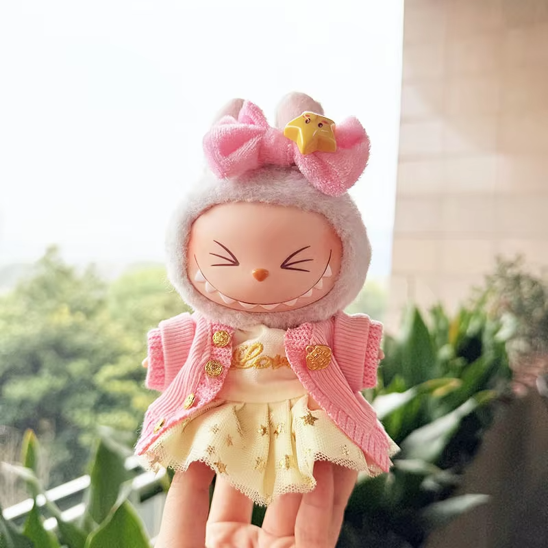 Upgrade your Labubu plush doll glow with the V1 V2 V3 outfit—an irresistible trio comprising a knit coat, a gauze skirt - Image 3