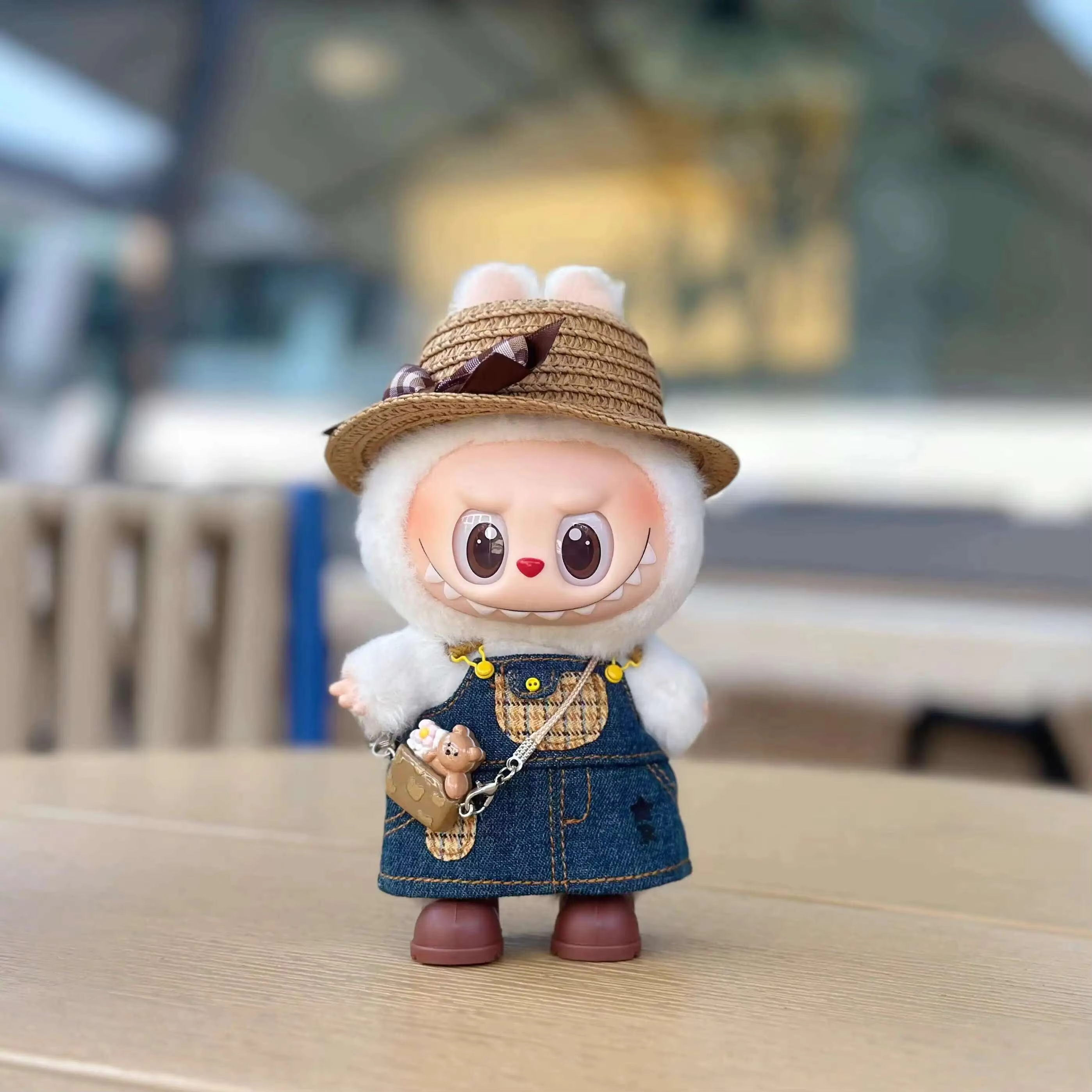 Adorable 17cm Labubu Plush Doll Skirt Set for DIY Clothing Accessories, with denim skirt and straps, comes with matching crochet Labubu skirt and straw hat for extra charm - Image 2