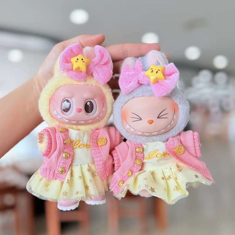 Upgrade your Labubu plush doll glow with the V1 V2 V3 outfit—an irresistible trio comprising a knit coat, a gauze skirt
