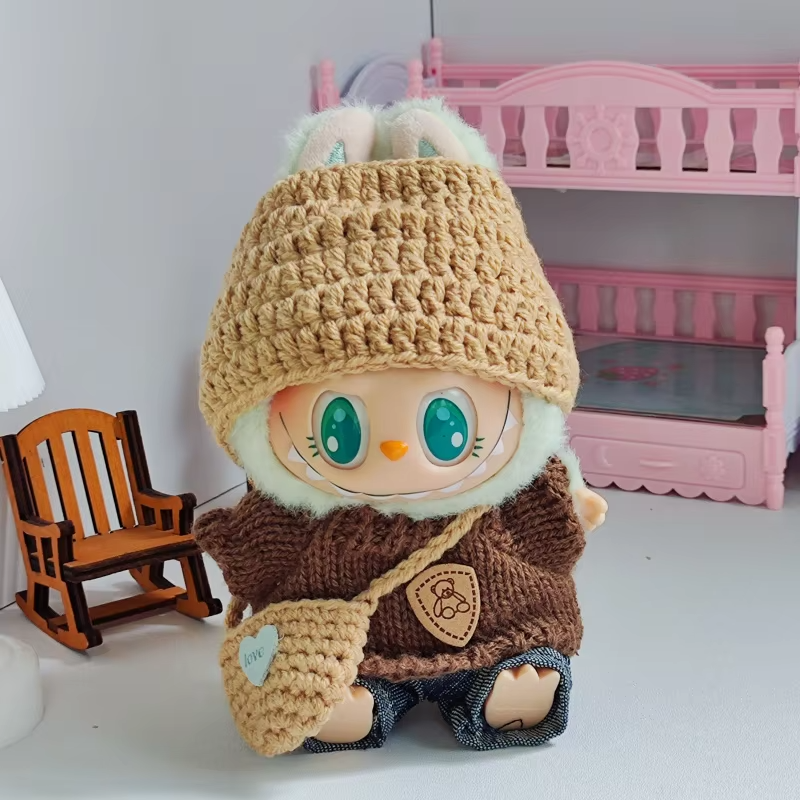 The Labubu Doll Clothing: Trendy Ensemble for Labubu Vinyl Dolls, Knitted Sweater, Hat, and Shoulder Bag Set dresses Labubu dolls in must-have style