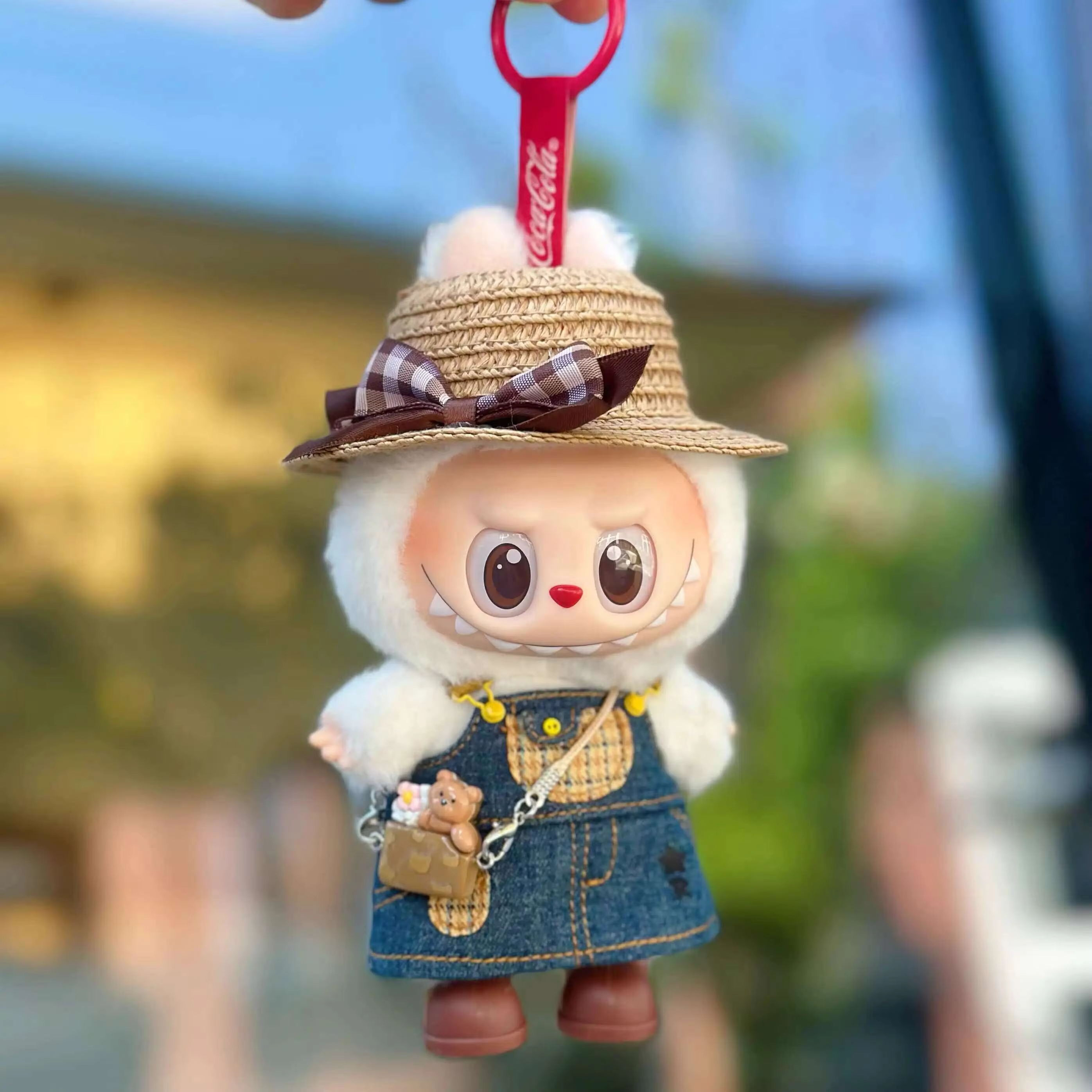 Adorable 17cm Labubu Plush Doll Skirt Set for DIY Clothing Accessories, with denim skirt and straps, comes with matching crochet Labubu skirt and straw hat for extra charm - Image 4